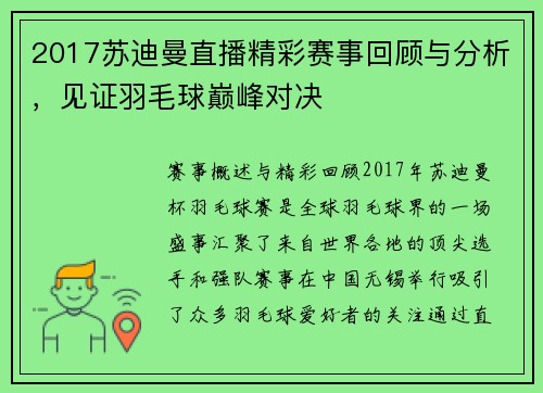 2017苏迪曼直播精彩赛事回顾与分析，见证羽毛球巅峰对决