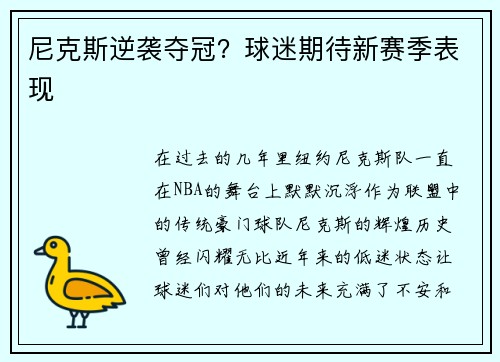 尼克斯逆袭夺冠？球迷期待新赛季表现