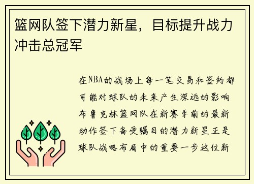 篮网队签下潜力新星，目标提升战力冲击总冠军